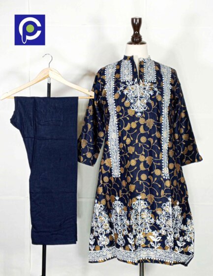 Linen Block Print Stitch Suit 2PC