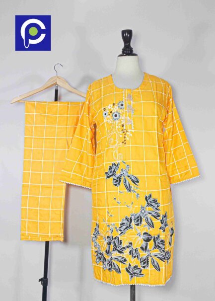 Linen Block Print Stitch Suit 2PC